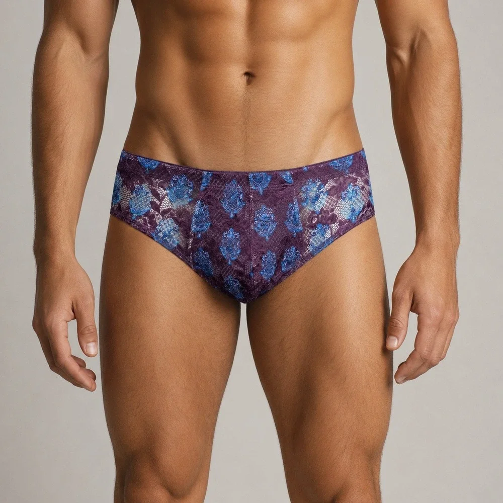 Cosabella Mens‎ Purple Blue Floral Lace Low Rise Briefs Underwear New